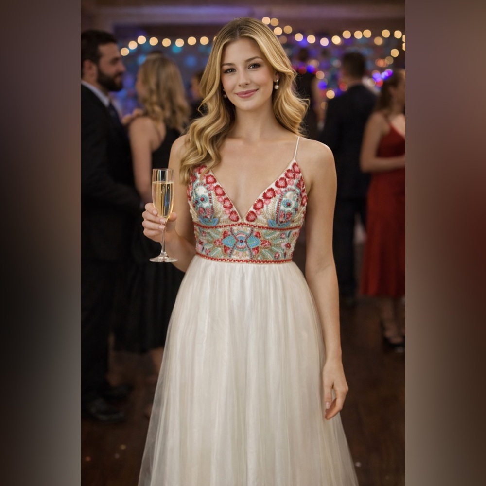 Camille La Vie Beaded Ivory Tulle Prom Dress with Red and Turquoise Accents